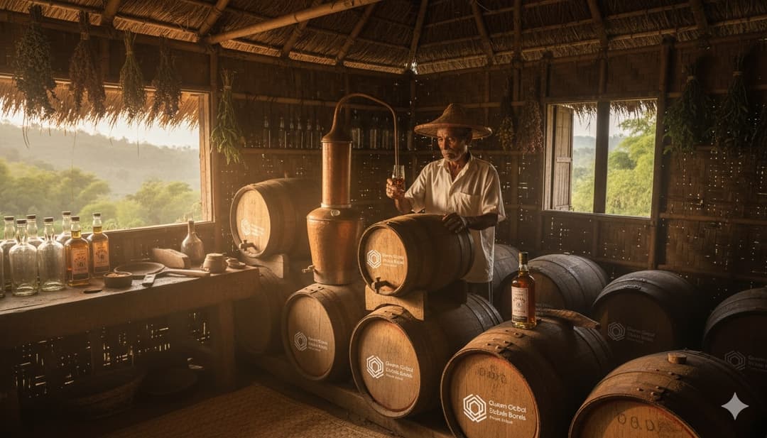 Master distiller carefully examining whiskey in the distillery